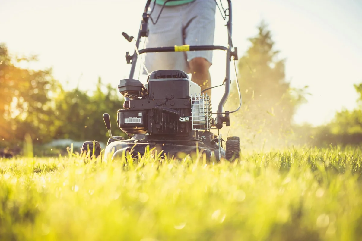 Person operating a lawn aerator on a sunlit grassy field