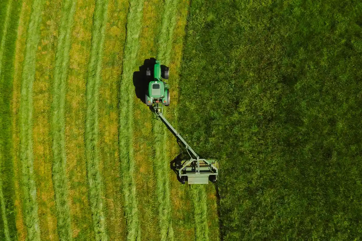 Aerial view of a mulching lawn mower working on a field with striped rows of cut grass.