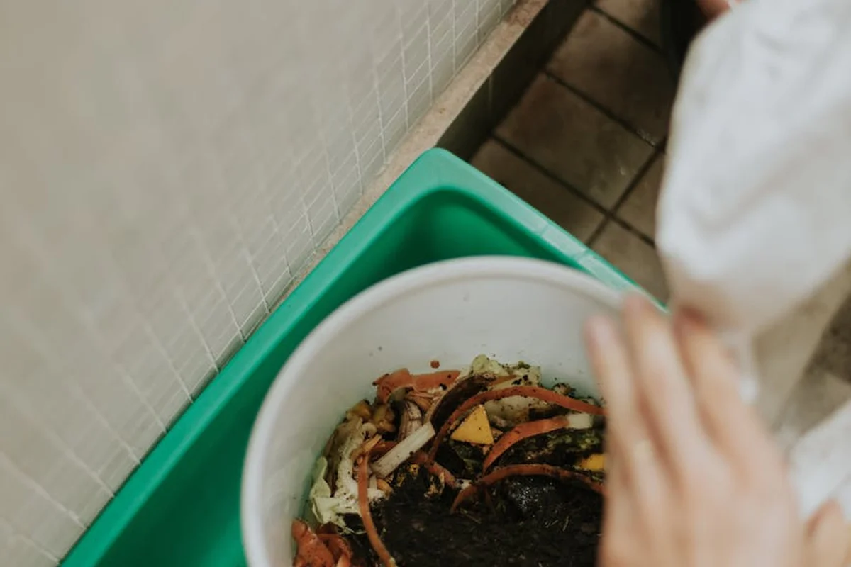 A hand wearing a white sleeve reaches into a white bucket filled with compost scraps beside a green bin, illustrating organic matter as a slow-release nutrient source.