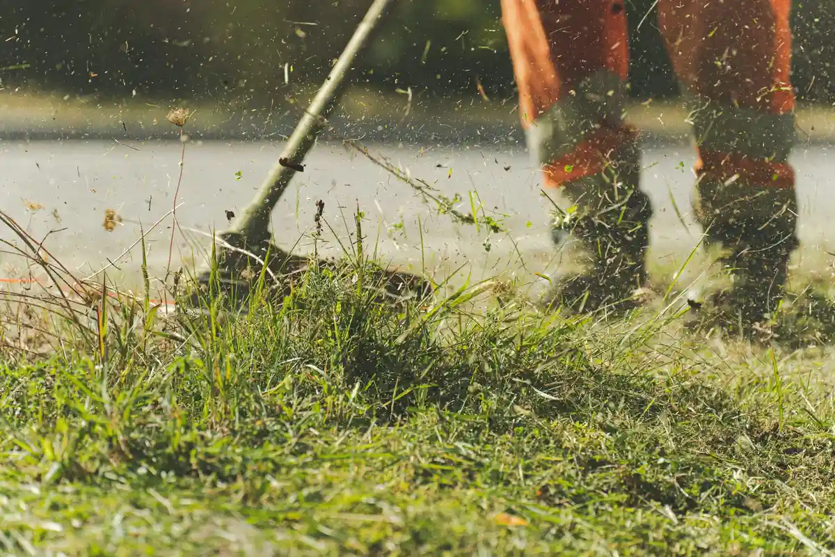 A person wearing boots mows a lawn with a push mower, close to the ground as grass blades are cut and clippings rise.