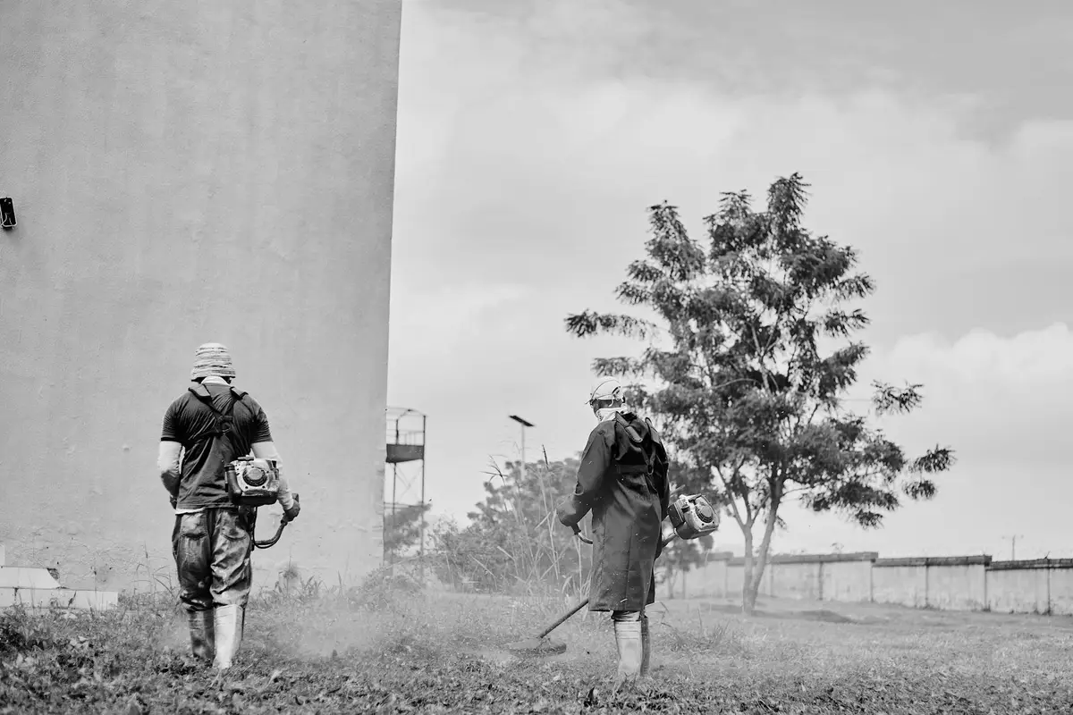Two landscape workers wearing protective gear and backpacks spray or treat a lawn, with a tree and a fence in the background.