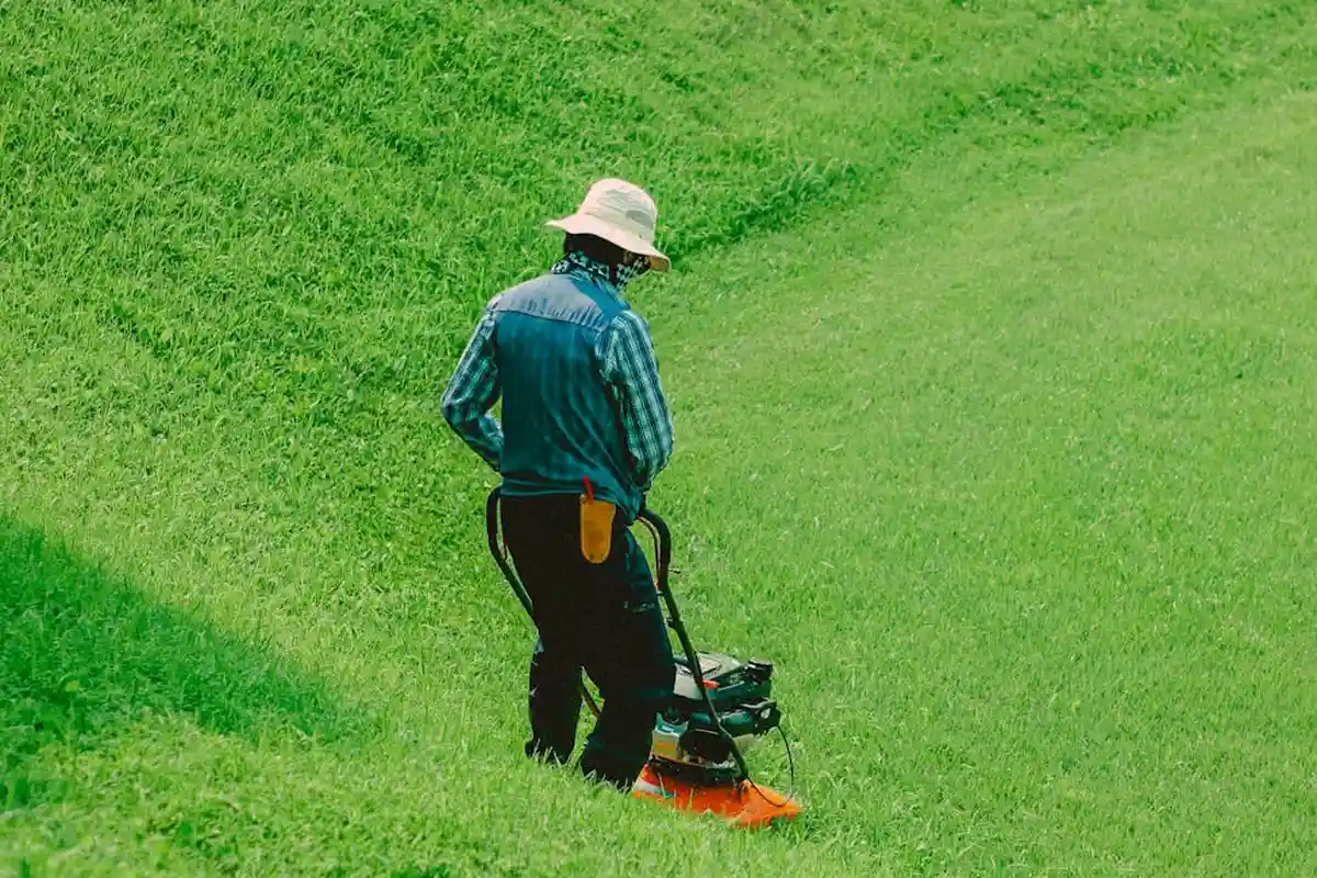 Lawn maintenance worker wearing a hat and denim shirt operating equipment on a bright green, sloped lawn.