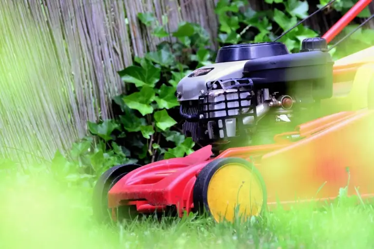Lawn mower with red wheels and a black engine sits on a green lawn, photographed close to the ground for tire maintenance.