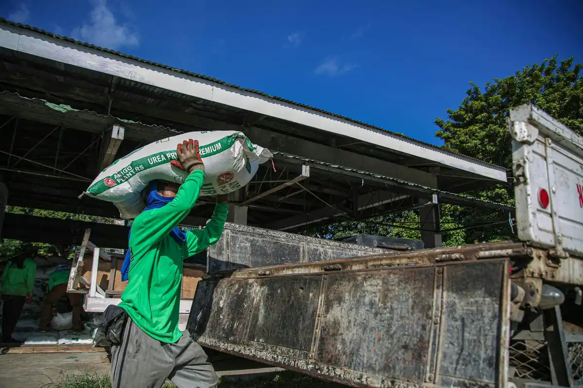 A worker in a bright green shirt and face covering unloads a bag of fertilizer at an outdoor loading area near a truck bed.
