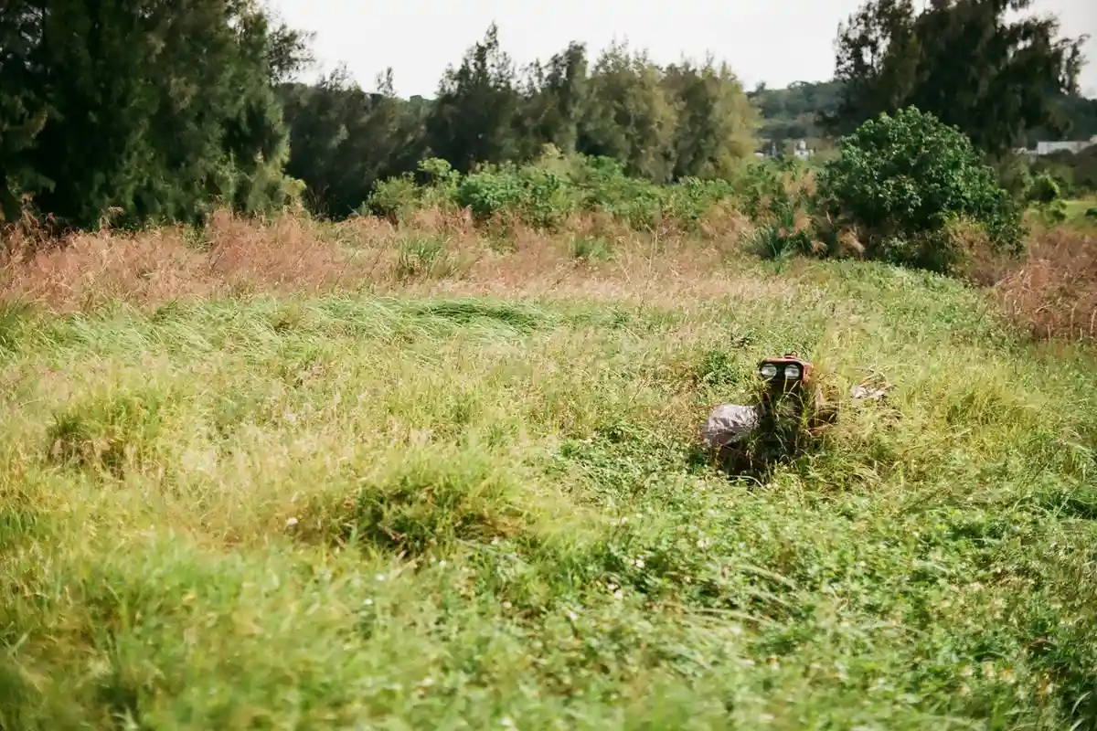 Overgrown field with a small portable jump starter lying on the ground, used for jump-starting a lawn mower battery.