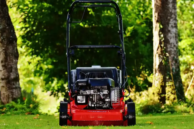 Red lawn mower on a green lawn with trees in the background