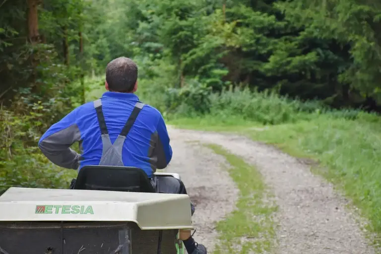 Man in blue shirt riding a lawn mower on a dirt path through a wooded area.