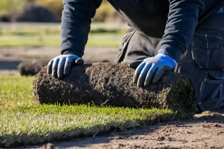 Hands wearing blue gloves press a rolled sod onto a prepared lawn.