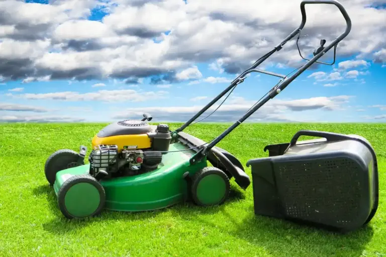 A lawn mower with a green and yellow body sits on a well-kept green lawn, attached to a black lawn sweeper bagger on the side.