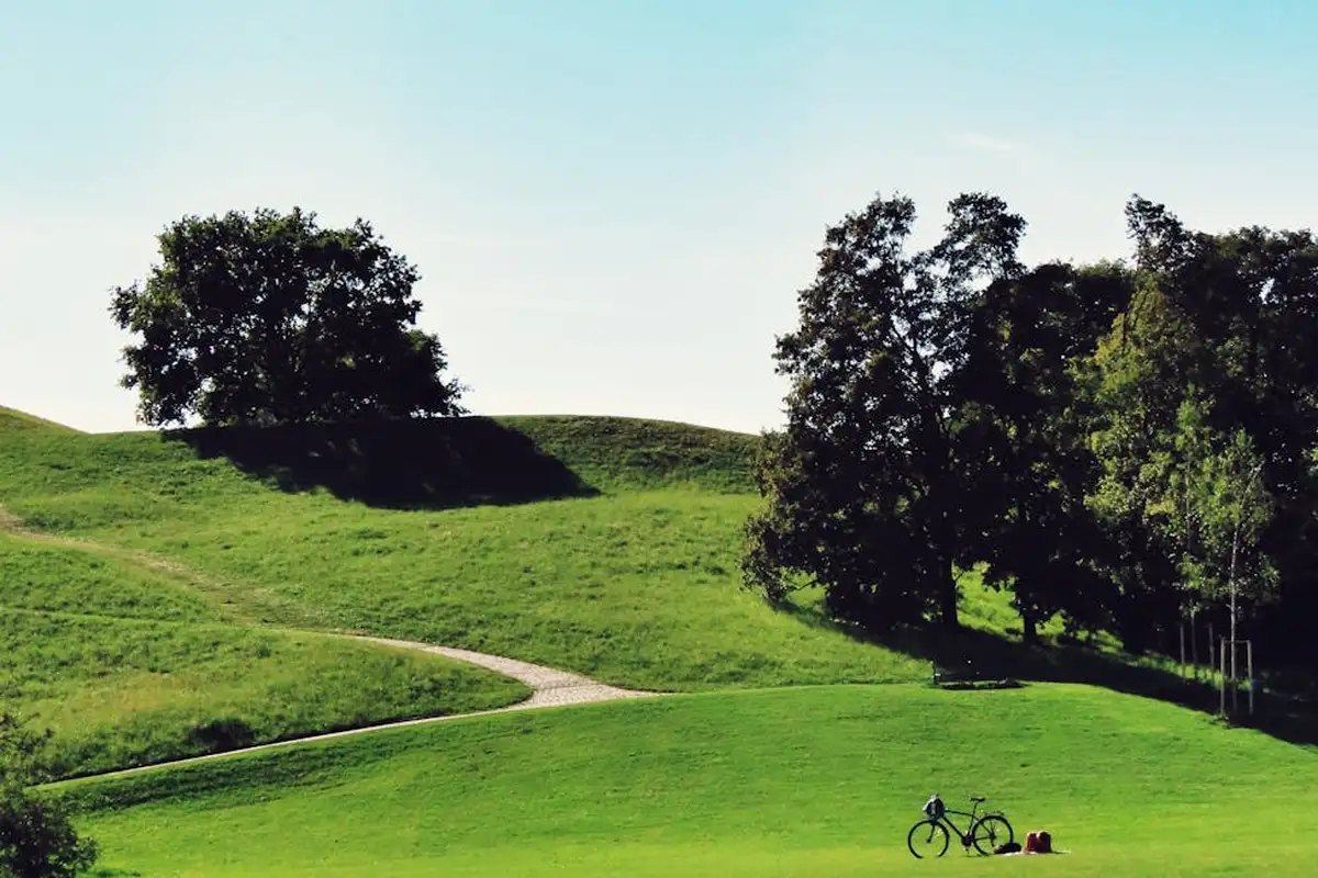 A green rolling lawn with a winding path, trees in the background, and a bicycle resting on the grass.