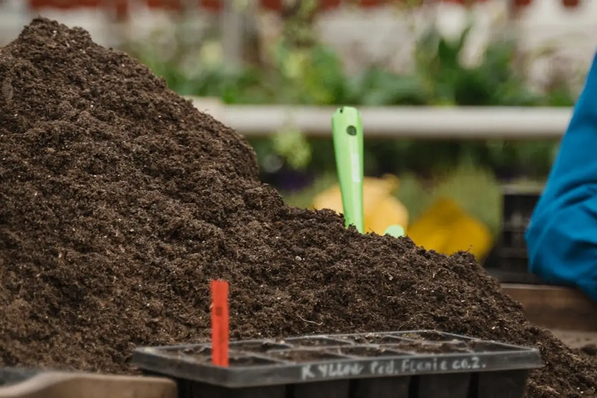 A mound of rich soil with a green-handled trowel sticking upright and a small plastic tray in the foreground, suggesting mixing soil amendments.