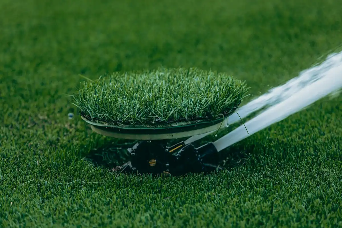 Close-up of a sprinkler head watering a lush green lawn