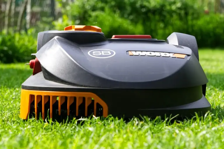 Robotic lawn mower resting on a lush green lawn.