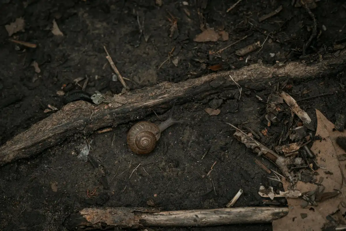 Close-up of a small snail shell on dark, moist soil with twigs and decaying leaves, illustrating soil life in the ecosystem.