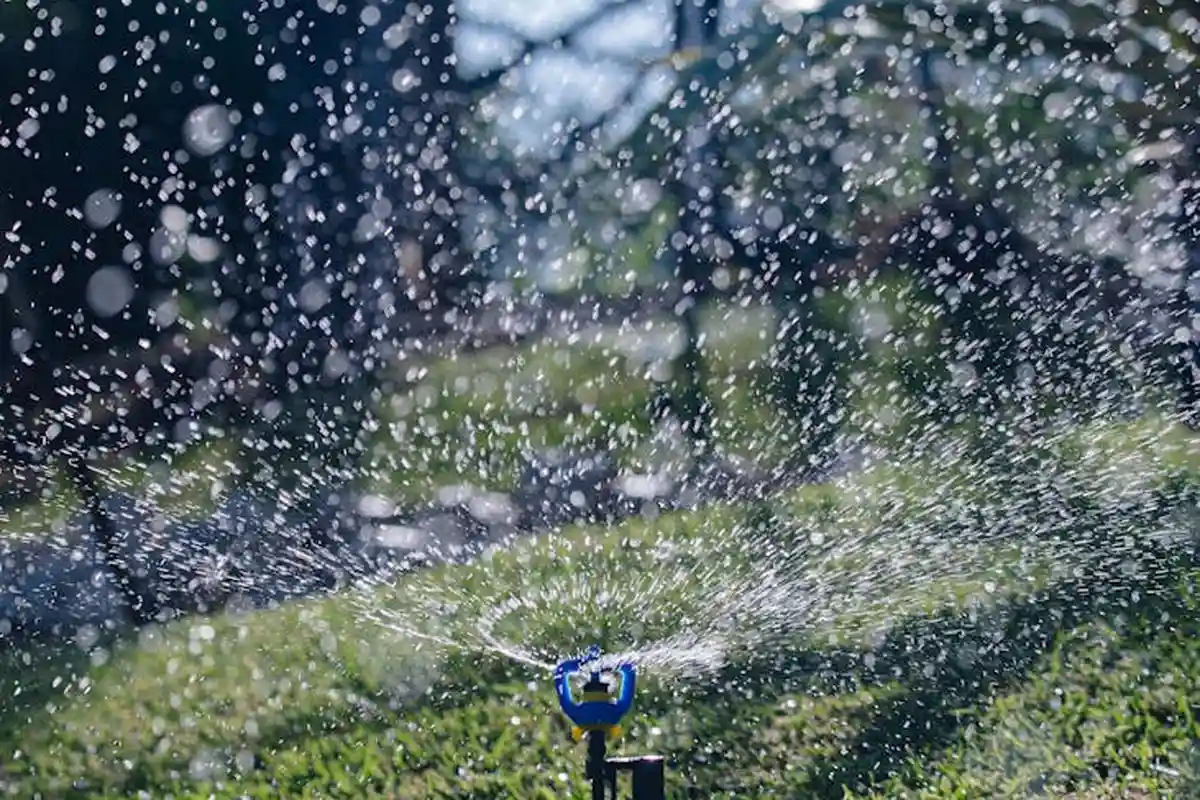 Lawn sprinkler spraying water across a green lawn, with droplets visible in the air.