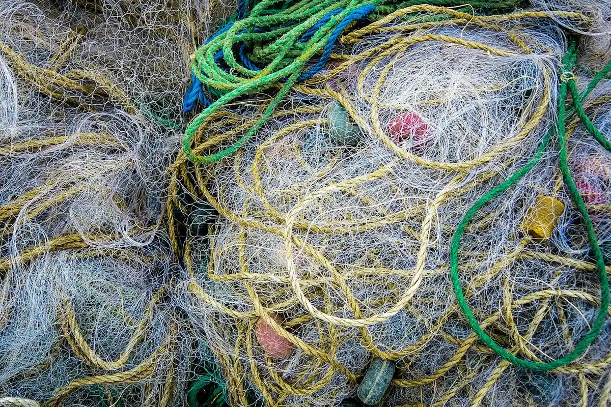 A tangle of colorful fishing nets and ropes in yellow, green, blue, and gray.