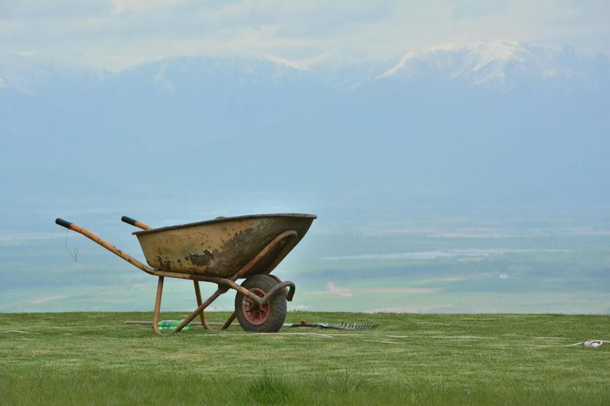 Wheelbarrow resting on a green lawn with a distant mountain range in the background.