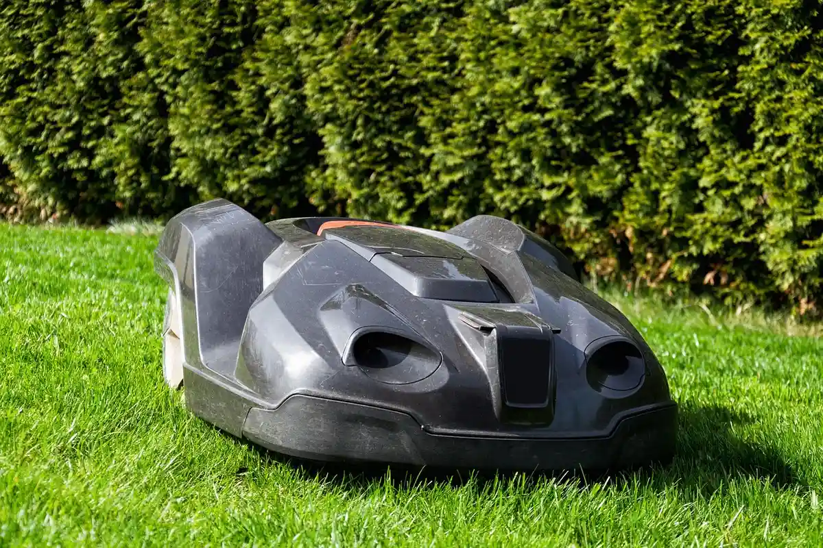 Black robotic lawn mower base resting on green grass