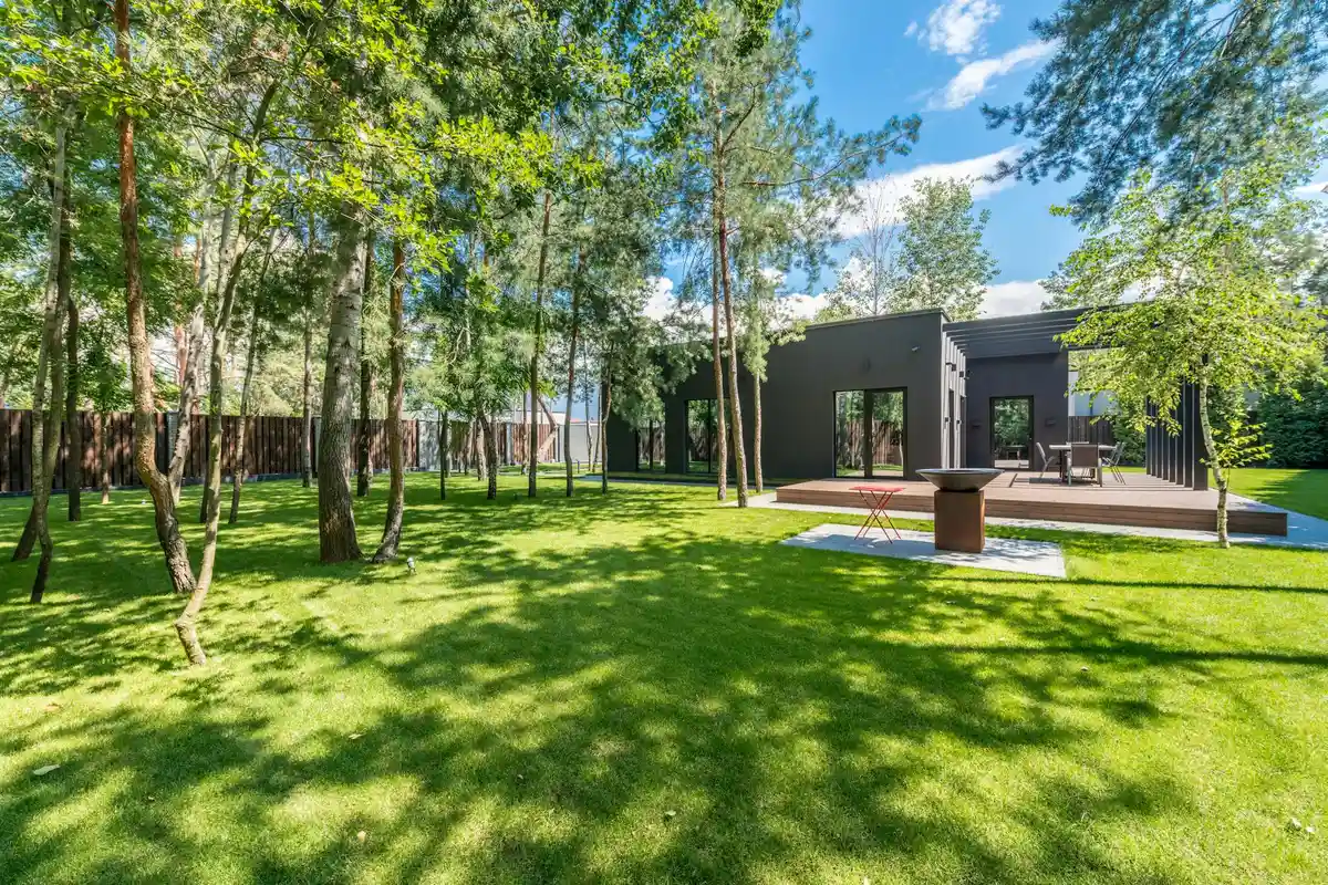A sunny backyard with a lush green lawn, scattered trees, and a modern dark-gray house with a wooden deck—illustrating a well-maintained outdoor space for lawn and garden fertilization planning.