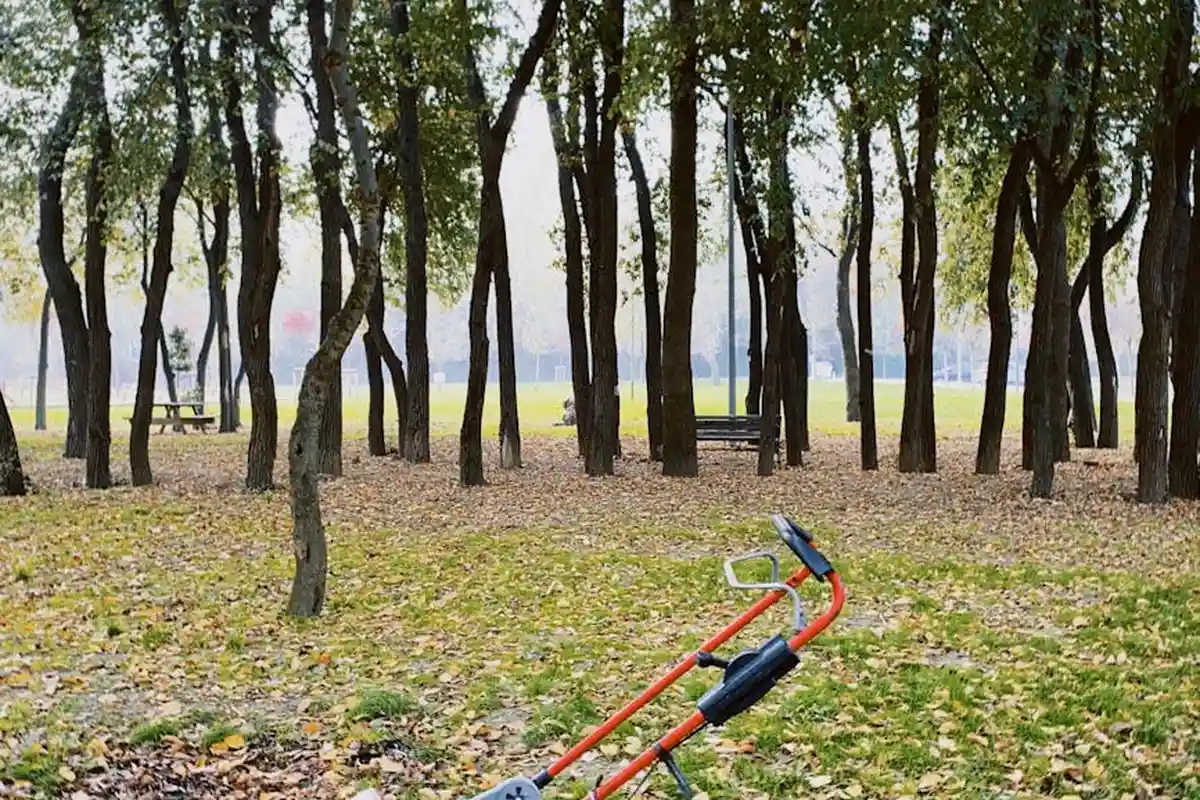 A lawn mower in a leaf-covered field under tall trees, symbolizing the final mowing steps before winter.
