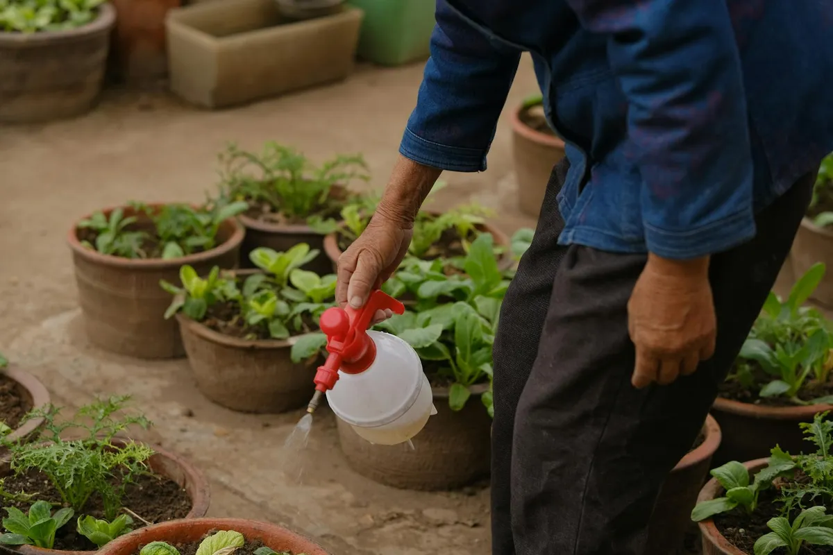Gardener wearing a blue shirt waters potted plants with a red-handled spray bottle in a garden.